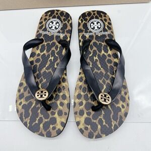 Tory Burch Eva Sole Flip Flops Black Leopard Print Logo Thong Sandal Womens US 5